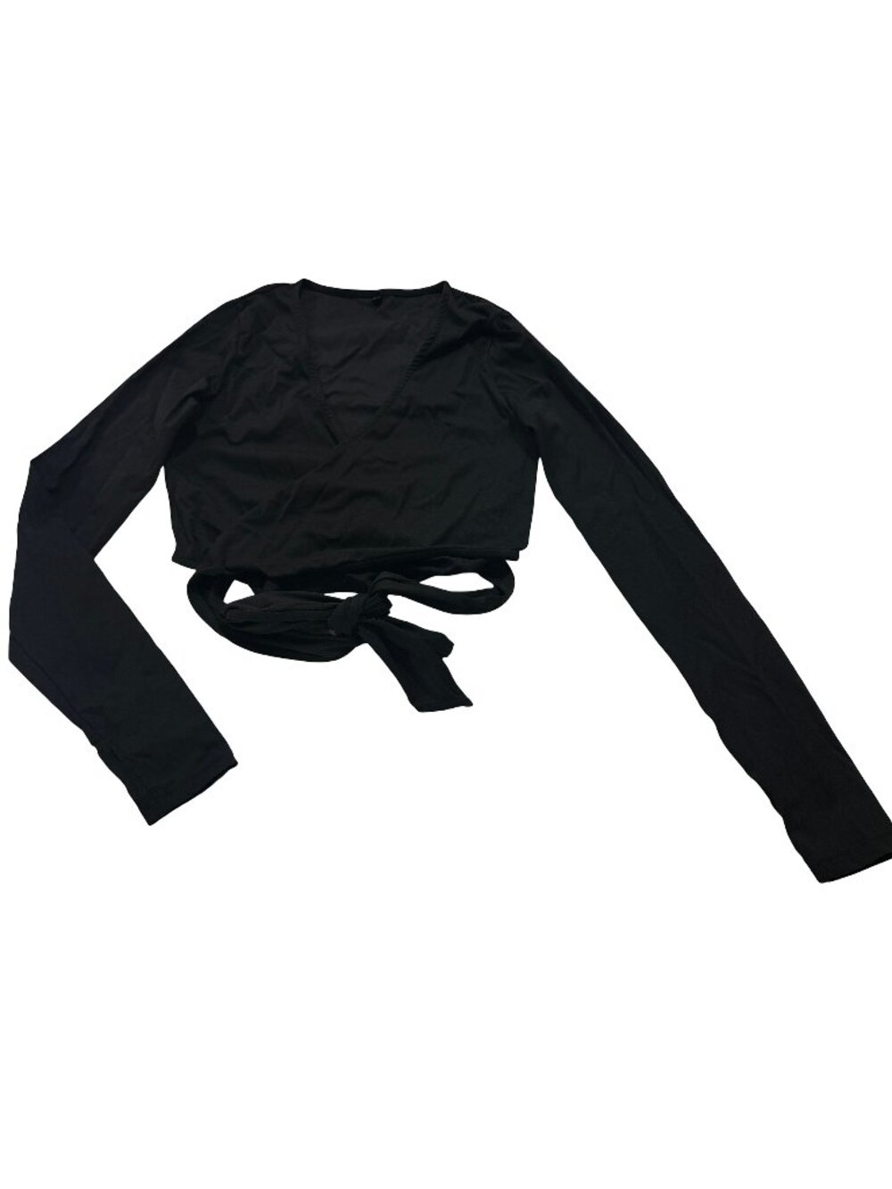MW Luv (Made With Luv) Black Long Sleeve Wrap Crop Tie Waist V Medium Women's